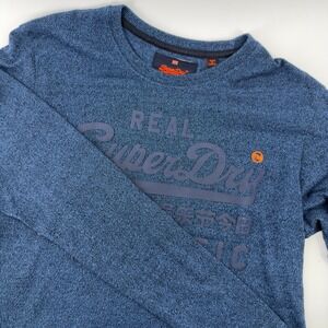 Superdry Mens XL Blue Marled Long Sleeve T-Shirt Raised Logo Orange Label